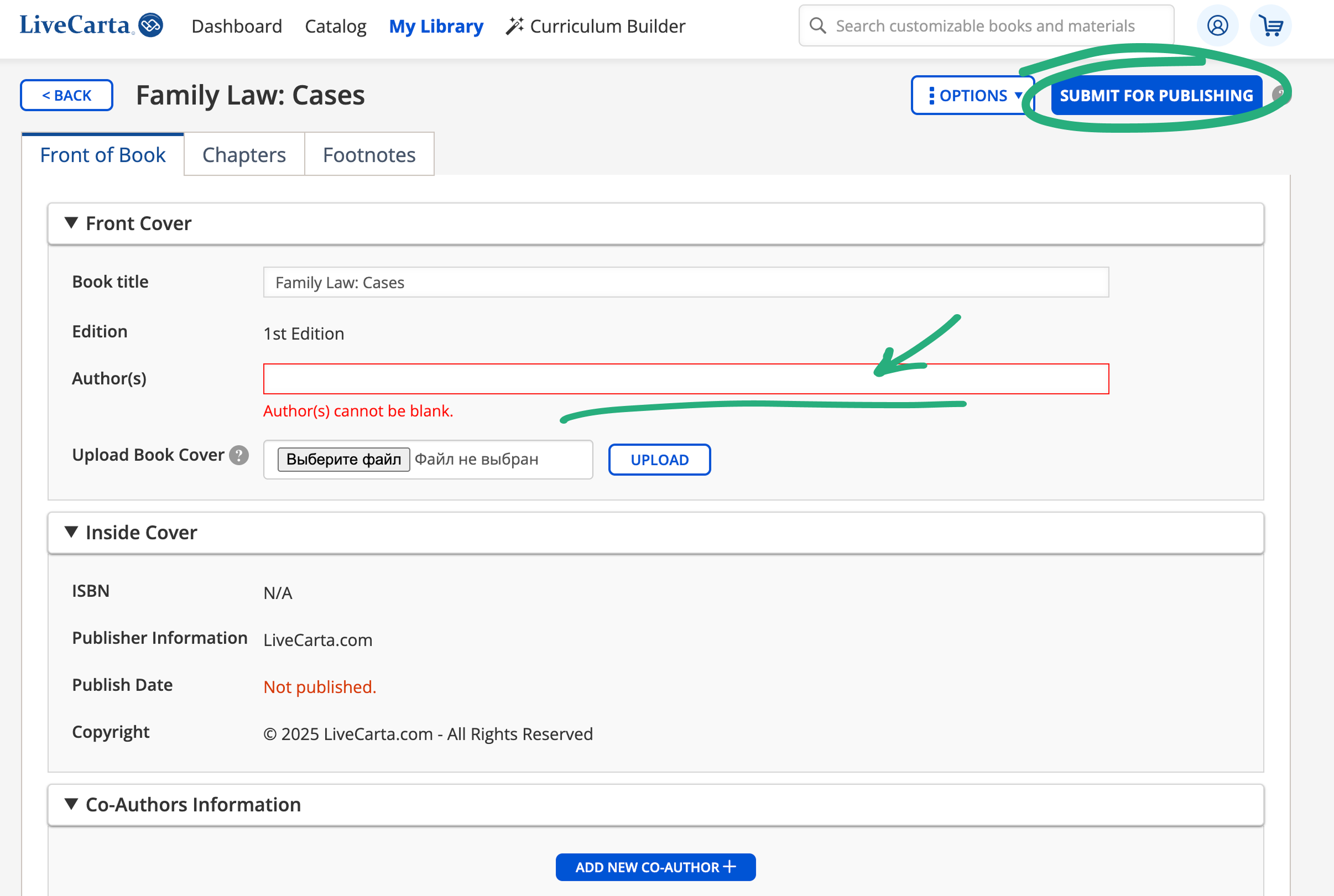 LiveCarta publishing form showing an error that the Author(s) field cannot be blank, with the ‘Submit for Publishing’ button highlighted.
