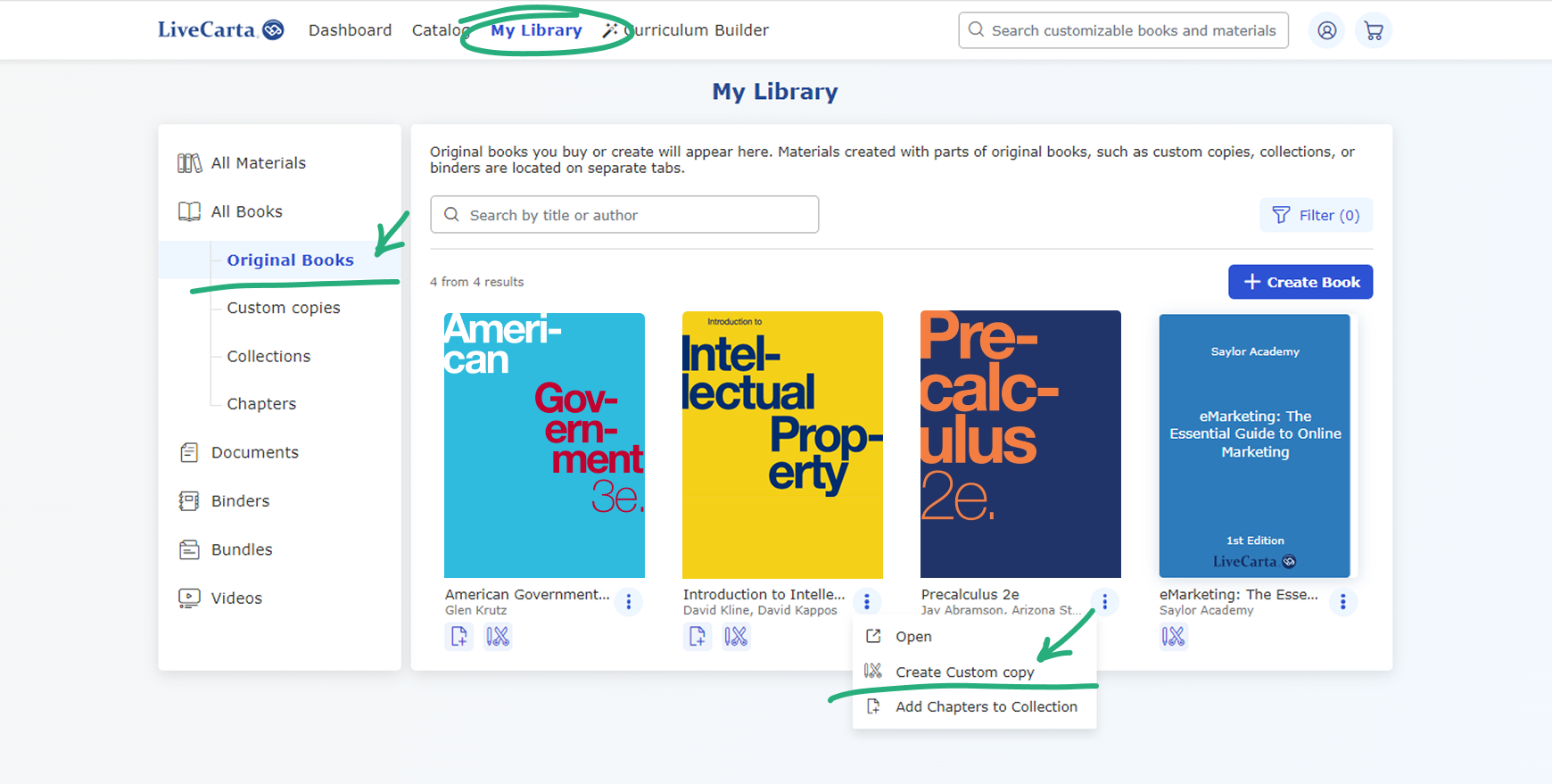 Screenshot of LiveCarta’s My Library page showing the Original Books section and options to create a custom copy or add chapters to a collection.