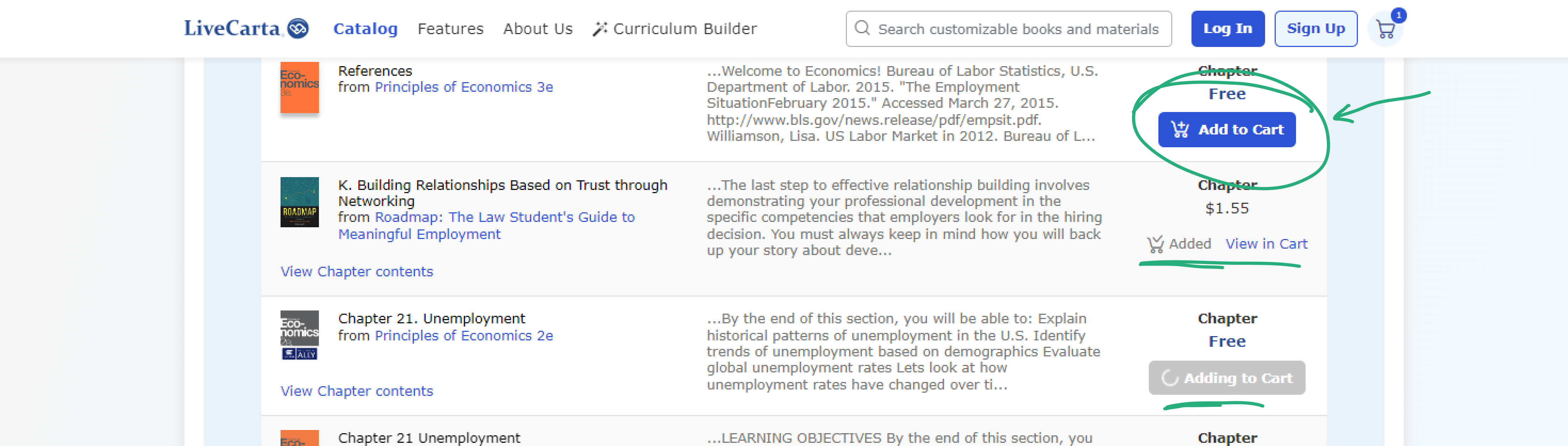 On-screen instructions illustrating the process of adding chapters to the cart.
