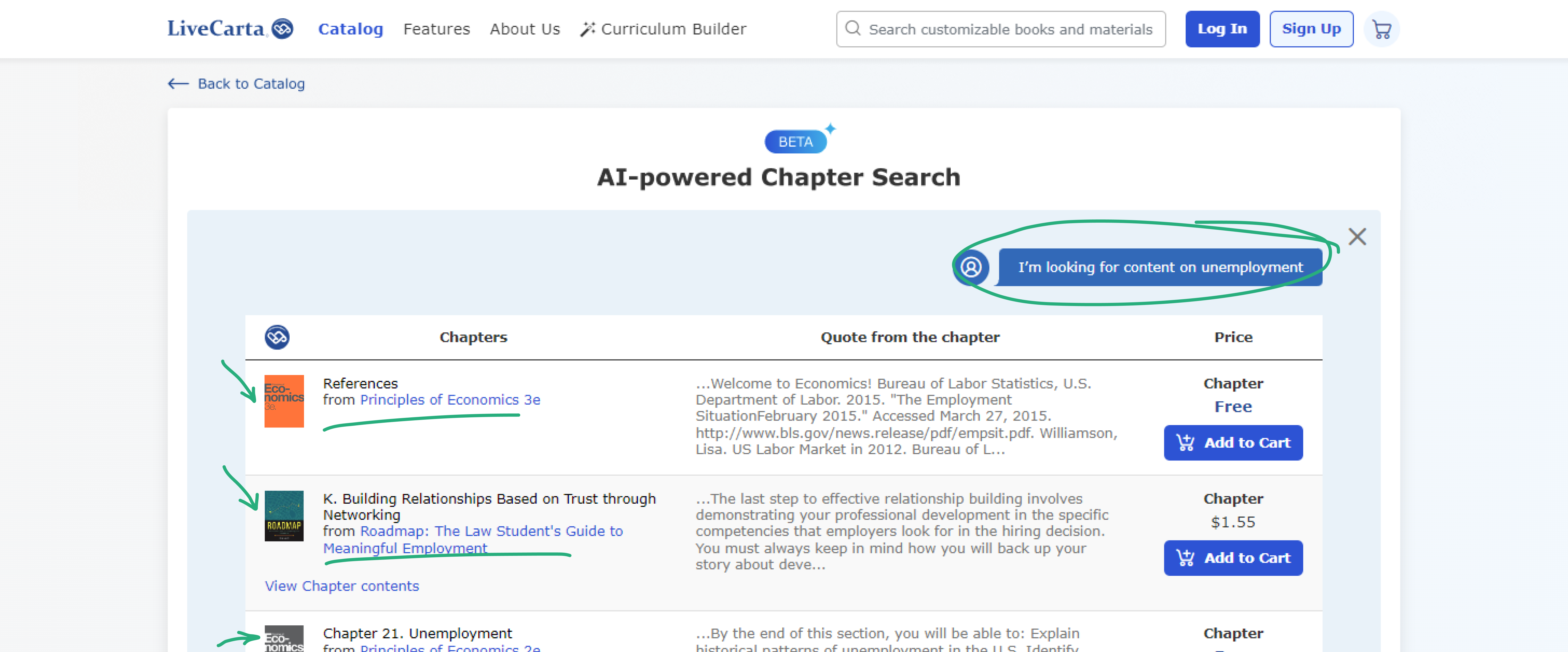 Display of AI-generated chapters in response to the query 'content on unemployment' on the screen.