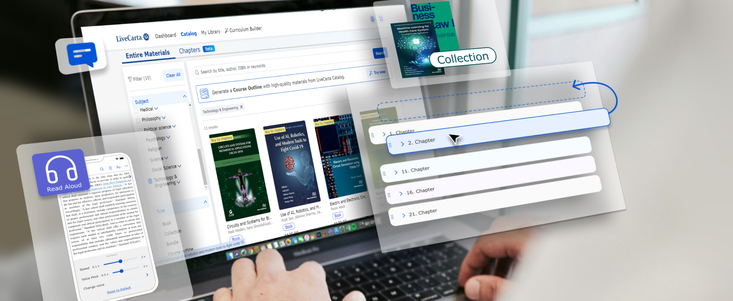 Person using a laptop with the LiveCarta platform open on the screen. Various interactive features are highlighted, including a read-aloud option, book catalog, and organization tools.