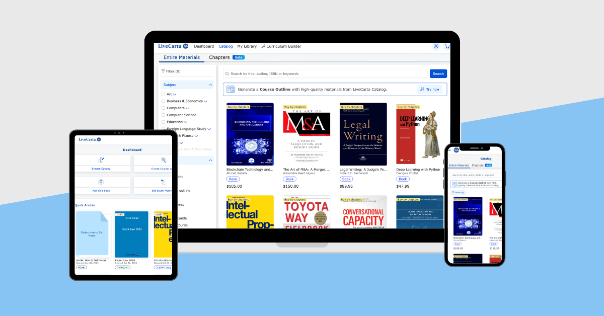 LiveCarta digital learning catalog displayed on a laptop, tablet, and smartphone, showcasing a responsive interface with educational book listings and course materials